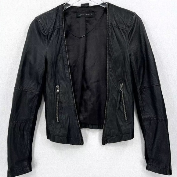 Zara Woman Black Sheep Leather Motorcycle Jacket with Removable Neck Shawl - Picture 3 of 7